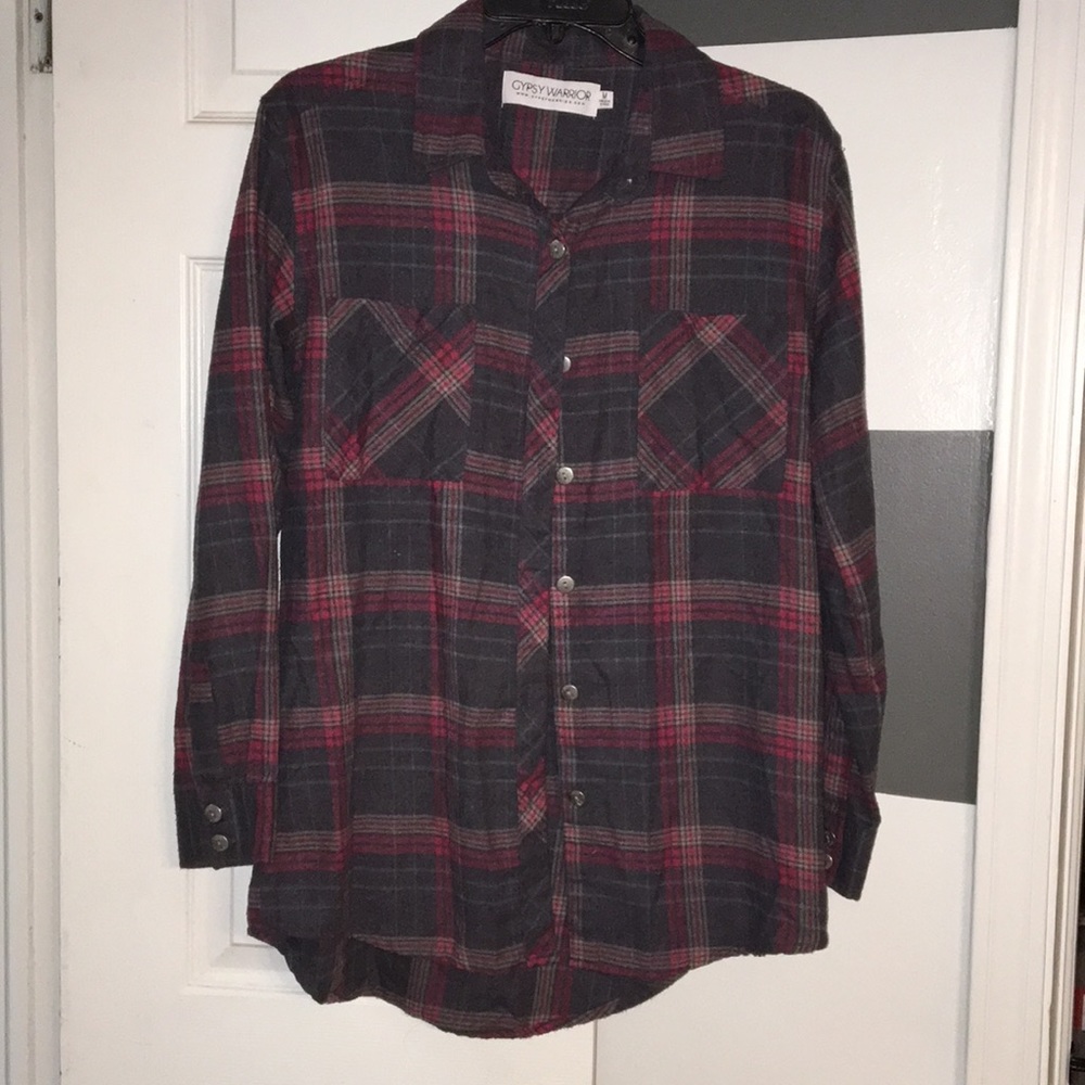 Gypsy warrior gray longer flannel button up
